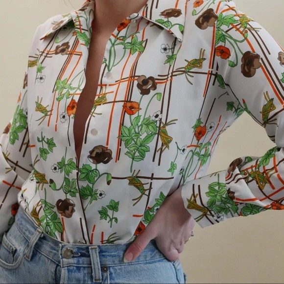 Vintage 70s Button Up Shirt Collared Bold Floral Print White + Green Pattern - Picture 5 of 7